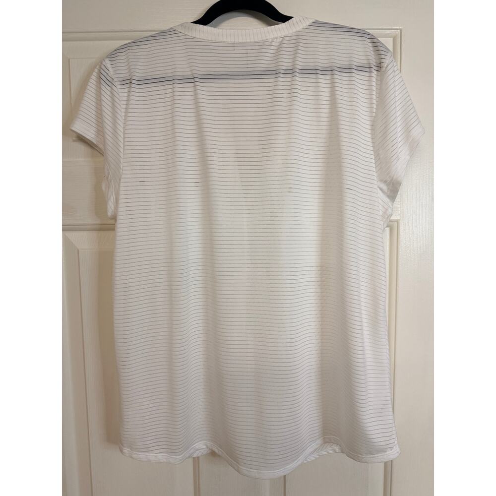 Dana Buchman XXL White Sheer Striped Short Sleeve Blouse Gold Tone Pockets - Picture 3 of 4